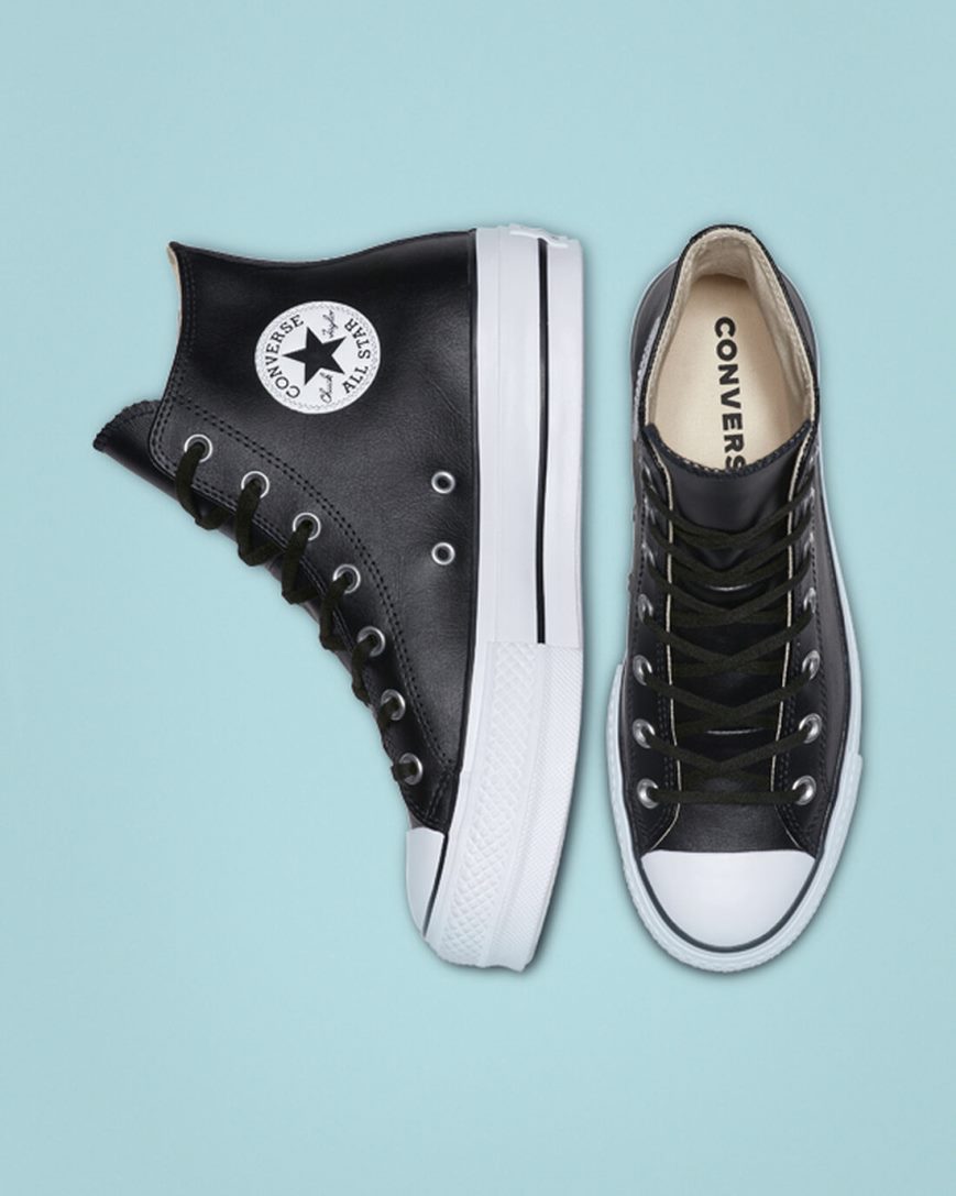 Dámské Boty Na Platformy Converse Chuck Taylor All Star Lift Læder Vysoké Černé Bílé | CZ QTLH67